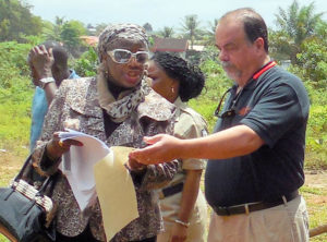 Legal counsel Pearl Brown-Bull confers with Liberia Baptist Theological Seminary President Rick Wilson. (Photo provided)