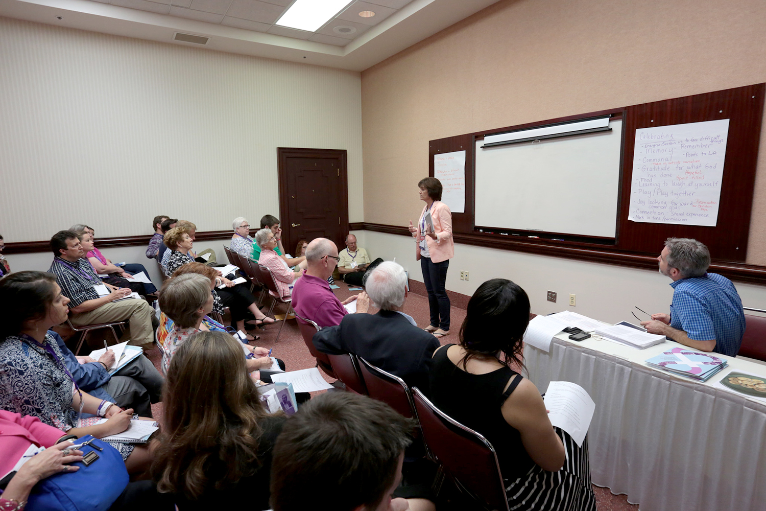 Jayne Davis, standing, and Rick Bennett, seated at right, lead a workshop on celebration as spiritual discipline at CBF's 2016 General Assembly in Greensboro, N.C. (Photo/CBF)