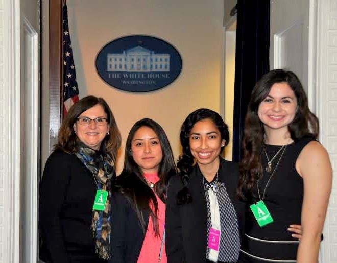 Sue Smith, Antonella Membreno, Yerendi Roblero, and Ashleigh Bugg represent LUCHA Ministries at the White House. (Photo/CBF)