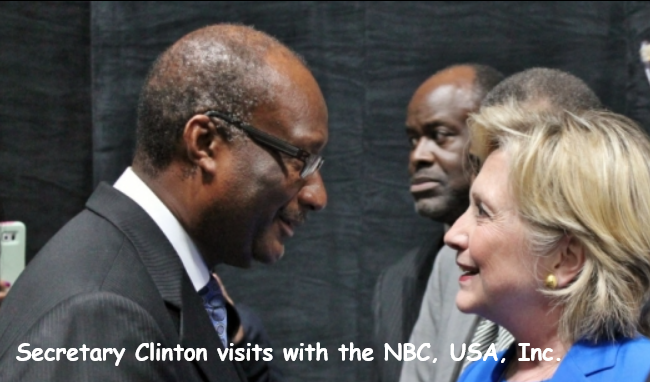 NBC/USA President Jerry Young greets Hillary Clinton. (Photo/NBC/USA)
