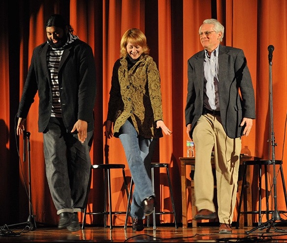 Azhar Usman, left, is a Muslim comic joins Baptist minister and comic Susan Sparks, center, and Jewish comedian Bob Alper, in regular appearances. (Photo courtesy of Susan Sparks)