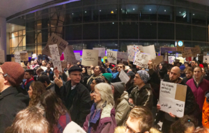 Demonstration protesting the travel ban at Logan International Airport in Boston on Jan. 28.